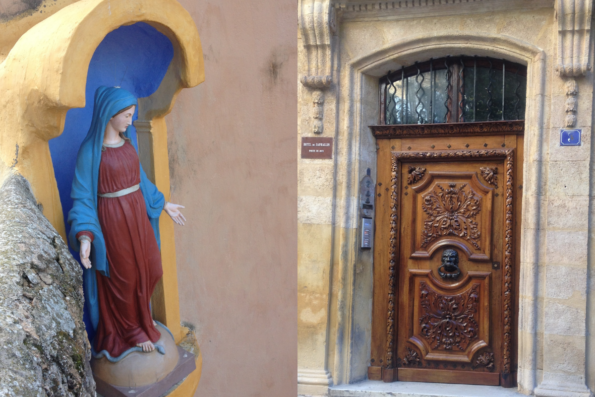 (1)Oratoire Vierge de l'Immaculée Conception, restauration en 2015, Rue Manuel    (2) Porte en bois sculptée de l'hôtel de Saphallin, Place des 3 ormeaux - seconde restauration en 2015.
